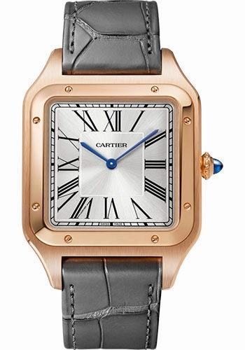 Cartier Santos-Dumont Watch - 46.6 mm x 33.9 mm Pink Gold Case - Silver Dial - Gray Leather Strap - WGSA0032 