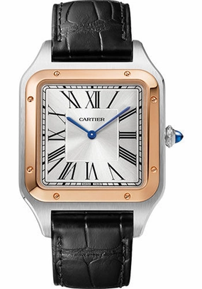 Cartier Santos-Dumont Watch - 46.6 mm x 33.9 mm Steel Case - Pink Gold Bezel - Silver Dial - Black Leather Strap - W2SA0017 