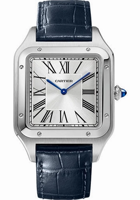 Cartier Santos-Dumont Watch - 46.6 mm x 33.9 mm Steel Case - Silver Dial - Navy Blue Leather Strap - WSSA0032 
