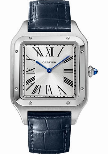 Cartier Santos-Dumont Watch - 46.6 mm x 33.9 mm Steel Case - Silver Dial - Navy Blue Leather Strap - WSSA0032 