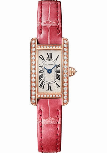 Cartier Tank Amricaine Watch - 27.00 mm x 15.20 mm Rose Gold Case - Silver Dial - Rouge Lie-De-Vin Leather Strap - WJTA0026 