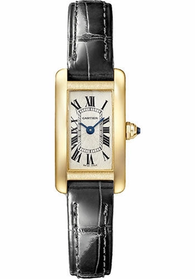 Cartier Tank Amricaine Watch - 27.00 mm x 15.20 mm Yellow Gold Case - Silver Dial - Black Leather Strap - WGTA0038 