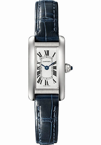 Cartier Tank Amricaine Watch - 27 mm x 15.2 mm Steel Case - Silvered Dial - Navy Blue Alligator Strap - WSTA0032 