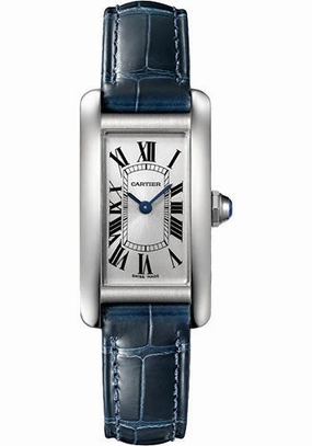 Cartier Tank Amricaine Watch - 34.80 mm x 19.00 mm Steel Case - Silver Dial - Navy Blue Leather Strap - WSTA0043 