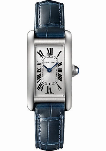 Cartier Tank Amricaine Watch - 34.80 mm x 19.00 mm Steel Case - Silver Dial - Navy Blue Leather Strap - WSTA0043 