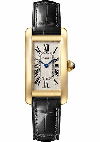 Cartier Tank Amricaine Watch - 34.80 mm x 19.00 mm Yellow Gold Case - Silver Dial - Black Leather Strap - WGTA0039 