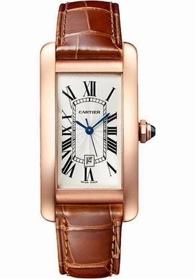 Cartier Tank Amricaine Watch - 41.60 mm x 22.60 mm Rose Gold Case - Silver Dial - Brown Leather Strap - WGTA0046 