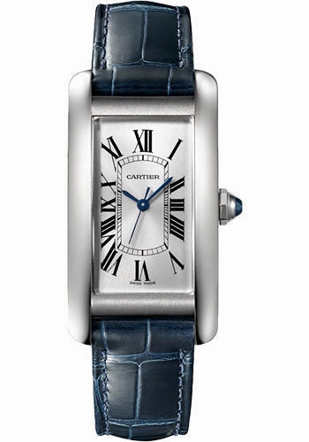 Cartier Tank Amricaine Watch - 41.60 mm x 22.60 mm Steel Case - Silver Dial - Navy Blue Leather Strap - WSTA0044 