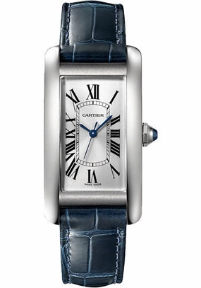 Cartier Tank Amricaine Watch - 41.60 mm x 22.60 mm Steel Case - Silver Dial - Navy Blue Leather Strap - WSTA0044 