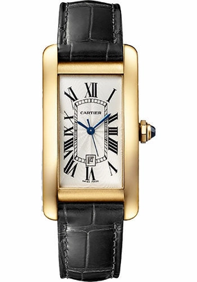 Cartier Tank Amricaine Watch - 41.60 mm x 22.60 mm Yellow Gold Case - Silver Dial - Black Leather Strap - WGTA0040 