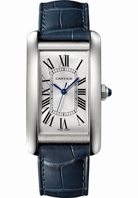 Cartier Tank Amricaine Watch - 45.10 mm x 26.60 mm Steel Case - Silvered Dial - Navy Blue Leather Strap - WSTA0045 