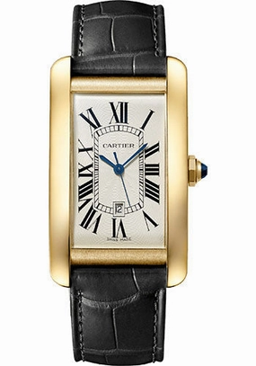Cartier Tank Amricaine Watch - 45.10 mm x 26.60 mm Yellow Gold Case - Silver Dial - Black Leather Strap - WGTA0041 