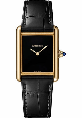 Cartier Tank Louis Cartier Watch - 1.32 in x 1 in Yellow Gold Case - Black Dial - Black Leather Strap - WGTA0091 