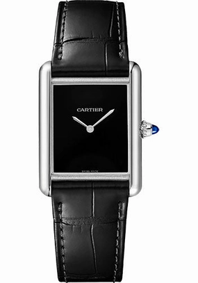 Cartier Tank Must de Cartier Watch - 1.32 in x 1 in Steel Case - Black Dial - Black Leather Strap - WSTA0072 