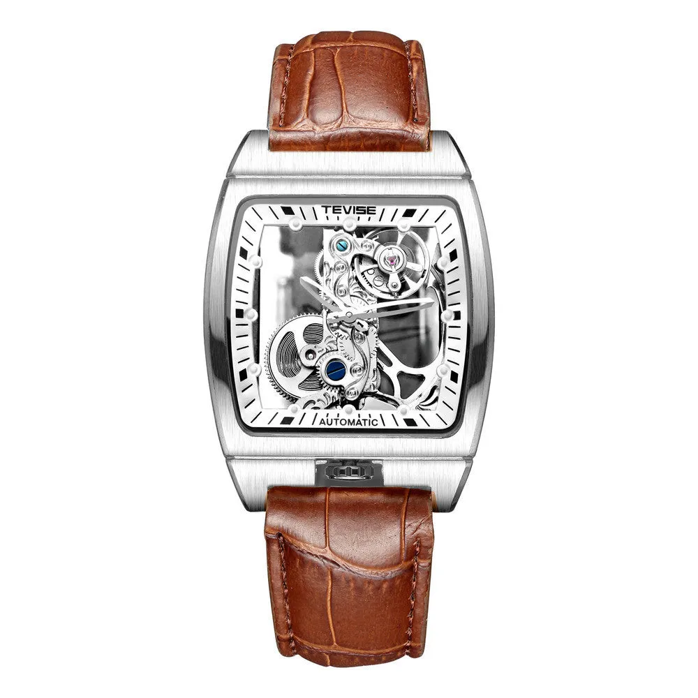 Casual Men's Leather Belt Automatic Mechanical Watch Long Movement Hollow Watch 