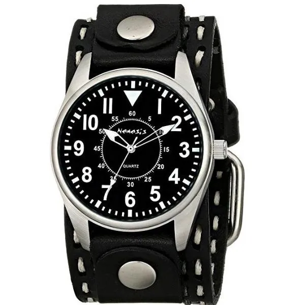 Classic Black Watch with Double White/Grey Stitched Brown Leather Cuff 