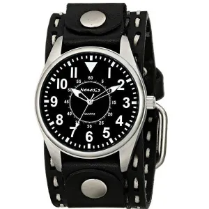 Classic Black Watch with Double White/Grey Stitched Brown Leather Cuff 