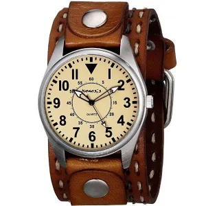 Classic Yellow Watch with Double White/Grey Stitched Brown Leather Cuff Bdst098Y 