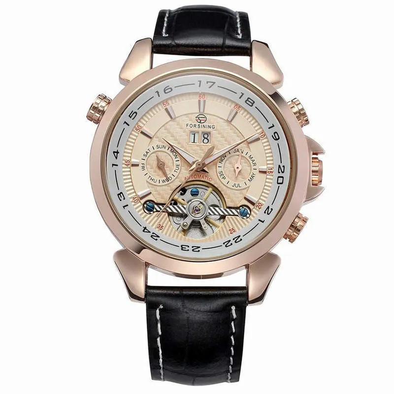Complete Calendar watch Luxury Tourbillion Design Genuine Leather Top Brand  Automatic Mechanical Men Watches 