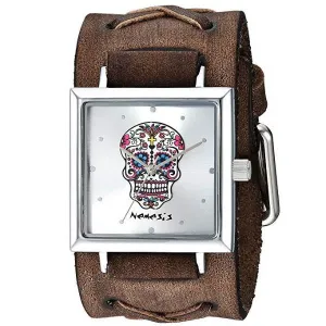 Day of The Dead Skull Gradient Silver Watch with Distressed Brown Leather Cuff BFXB955S 