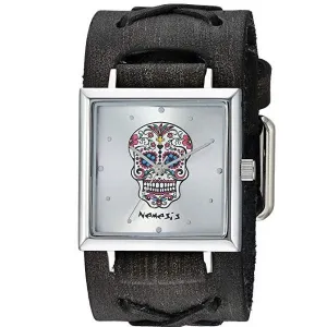 Day of The Dead Skull Gradient Silver Watch with X Distressed Black Leather Cuff FXB955S 