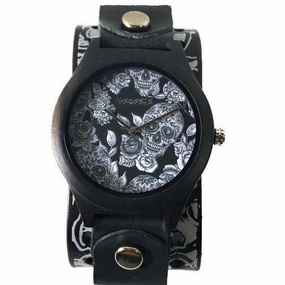 Day of The Dead Natural Wood Black Watch with Multi-Skull Black Leather Cuff MSK263 