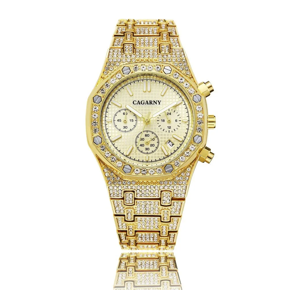 Diamond Full Diamond Six Hands Quartz Chronograph Men's Watch 