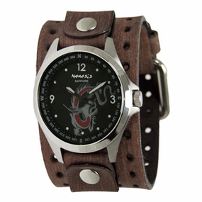 Dragon Sapphire Crystal Black Watch with Perforated Distressed Brown Leather Wide Cuff BFHD250D 