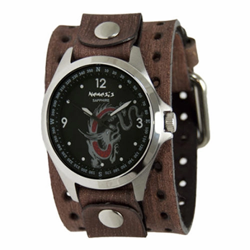 Dragon Sapphire Crystal Black Watch with Perforated Distressed Brown Leather Wide Cuff BFHD250D 