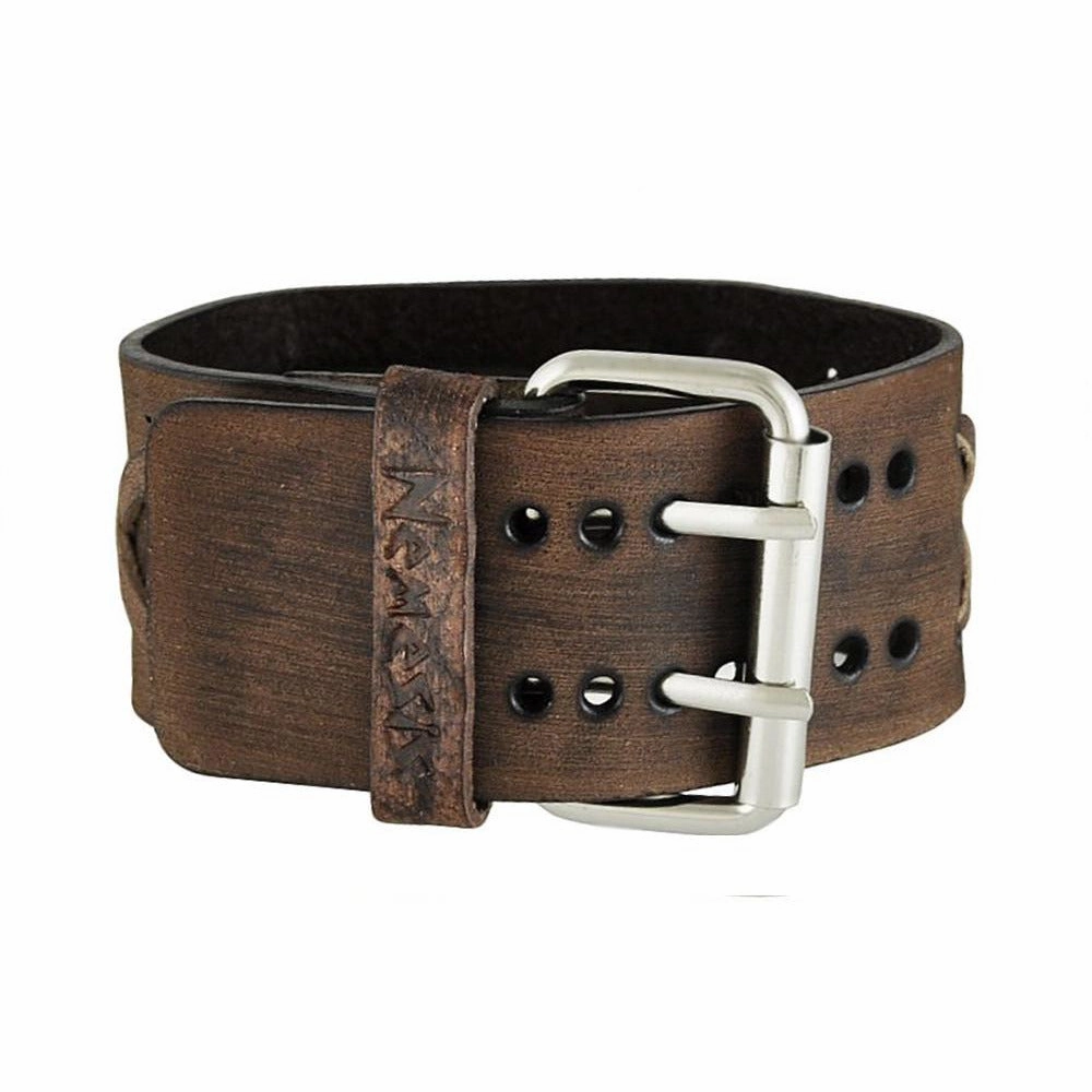 Dragon Sapphire Crystal Black Watch with Perforated Distressed Brown Leather Wide Cuff BFHD250D
