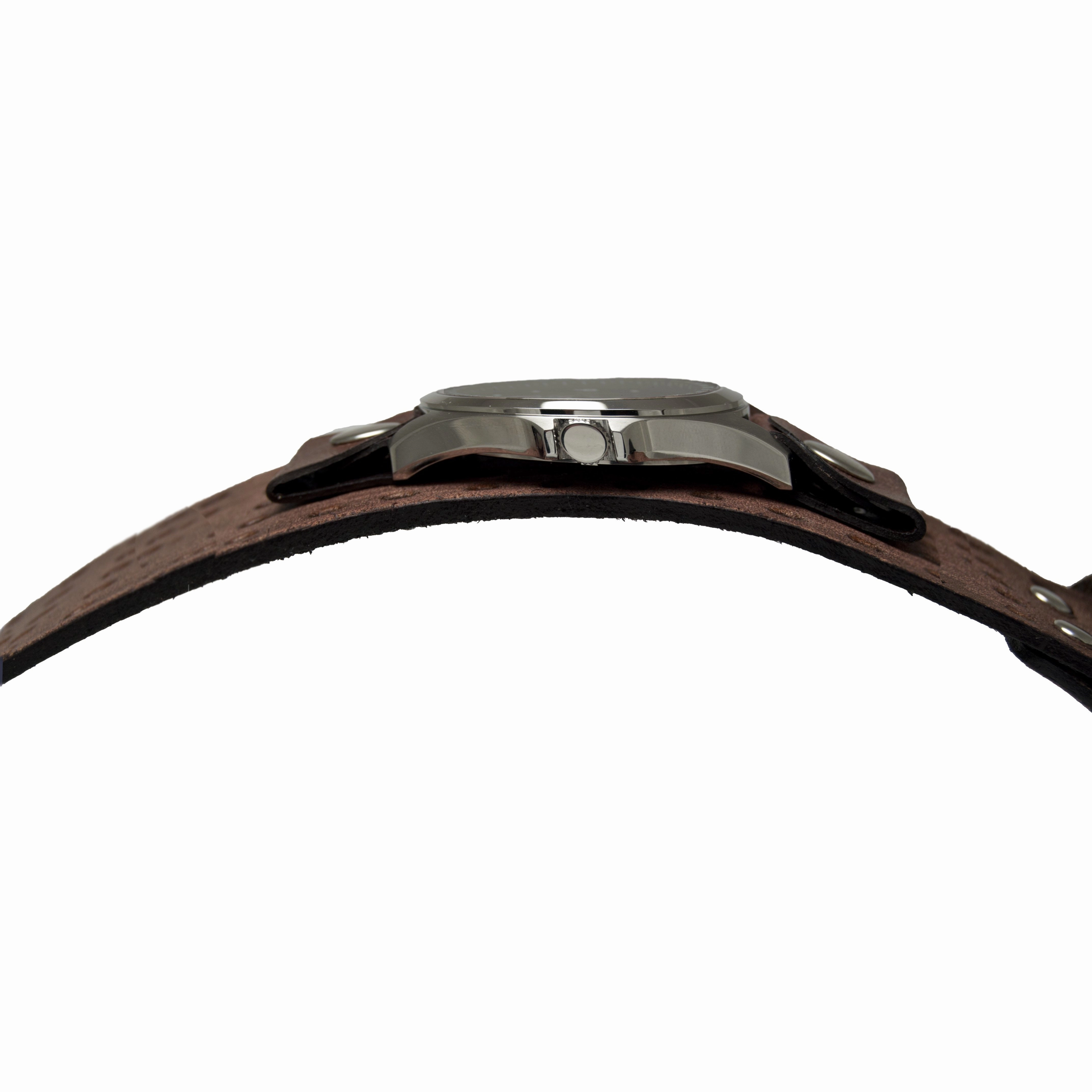 Dragon Sapphire Crystal Black Watch with Perforated Distressed Brown Leather Wide Cuff BFHD250D
