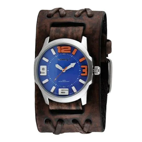 Embossed 3D Blue Watch with Double X Distressed Brown Leather Wide Cuff 
