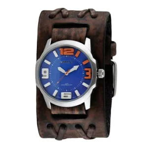 Embossed 3D Blue Watch with Double X Distressed Brown Leather Wide Cuff 
