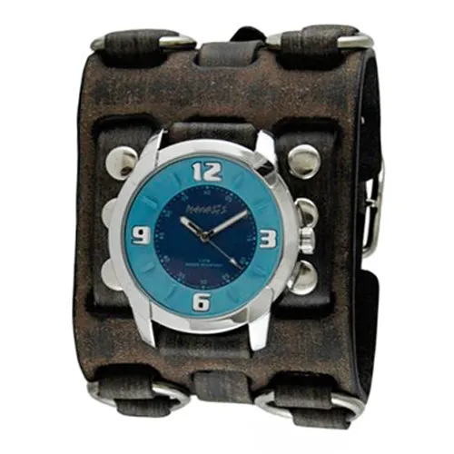 Embossed 3D Turquoise/Deep Blue Watch with Bullet Ring Distressed Dark Brown Leather Triple Strap Cuff 