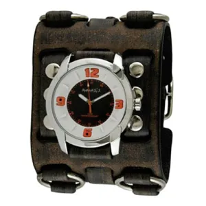 Embossed 3D White/Black Watch with Bullet Ring Distressed Dark Brown Leather Triple Strap Cuff 