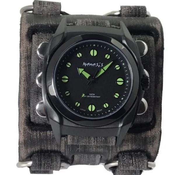 Eternity Black/Green Watch with Distressed Black Leather Triple Strap Cuff 