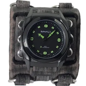 Eternity Black/Green Watch with Distressed Black Leather Triple Strap Cuff 