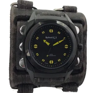 Eternity Black/Yellow Watch with Distressed Black Leather Triple Strap Cuff 