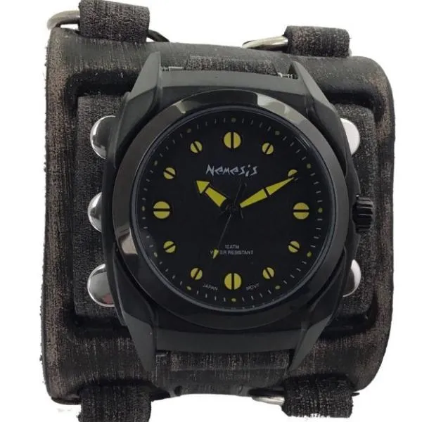 Eternity Black/Yellow Watch with Distressed Black Leather Triple Strap Cuff 