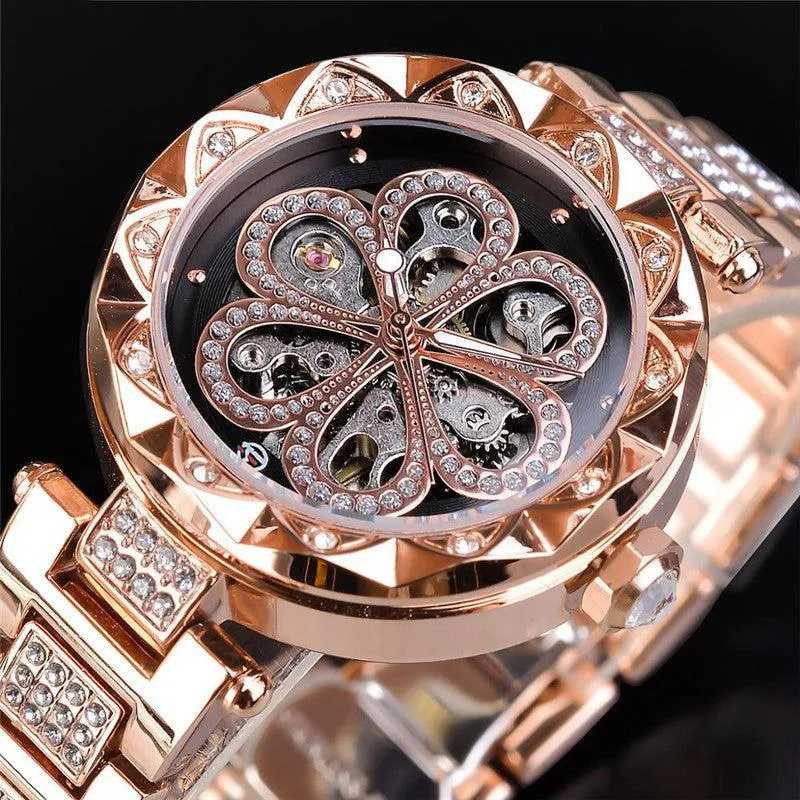 European And American Ladies Fashion Casual Rhinestone Hollow Mechanical Waterproof