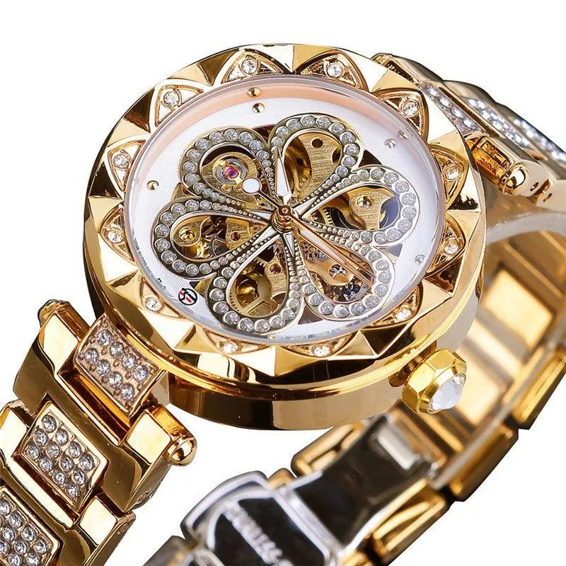 European And American Ladies Fashion Casual Rhinestone Hollow Mechanical Waterproof