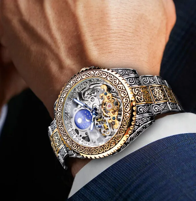 European And American Style Men's Fashion Hollow Retro Carved Automatic Mechanical Watch 
