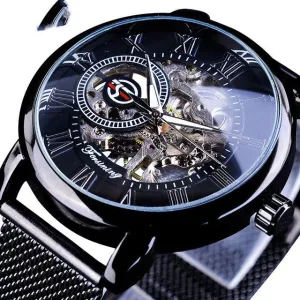Fashion Casual Roman Numeral Mesh Belt Hollow Automatic Mechanical Watch 