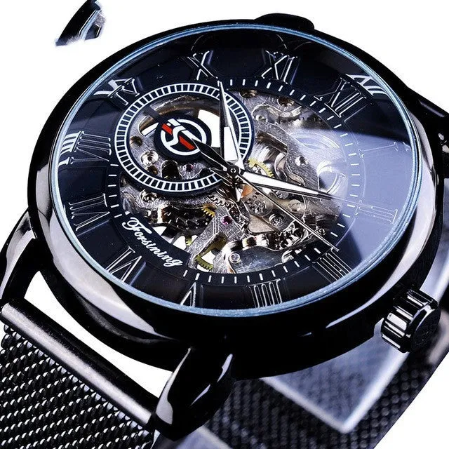 Fashion Casual Roman Numeral Mesh Belt Hollow Automatic Mechanical Watch 