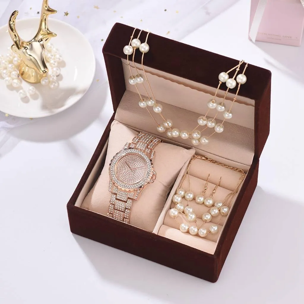 Fashion Creative Diamond Full Diamond Round Watch Pearl Bracelet Earring Necklace