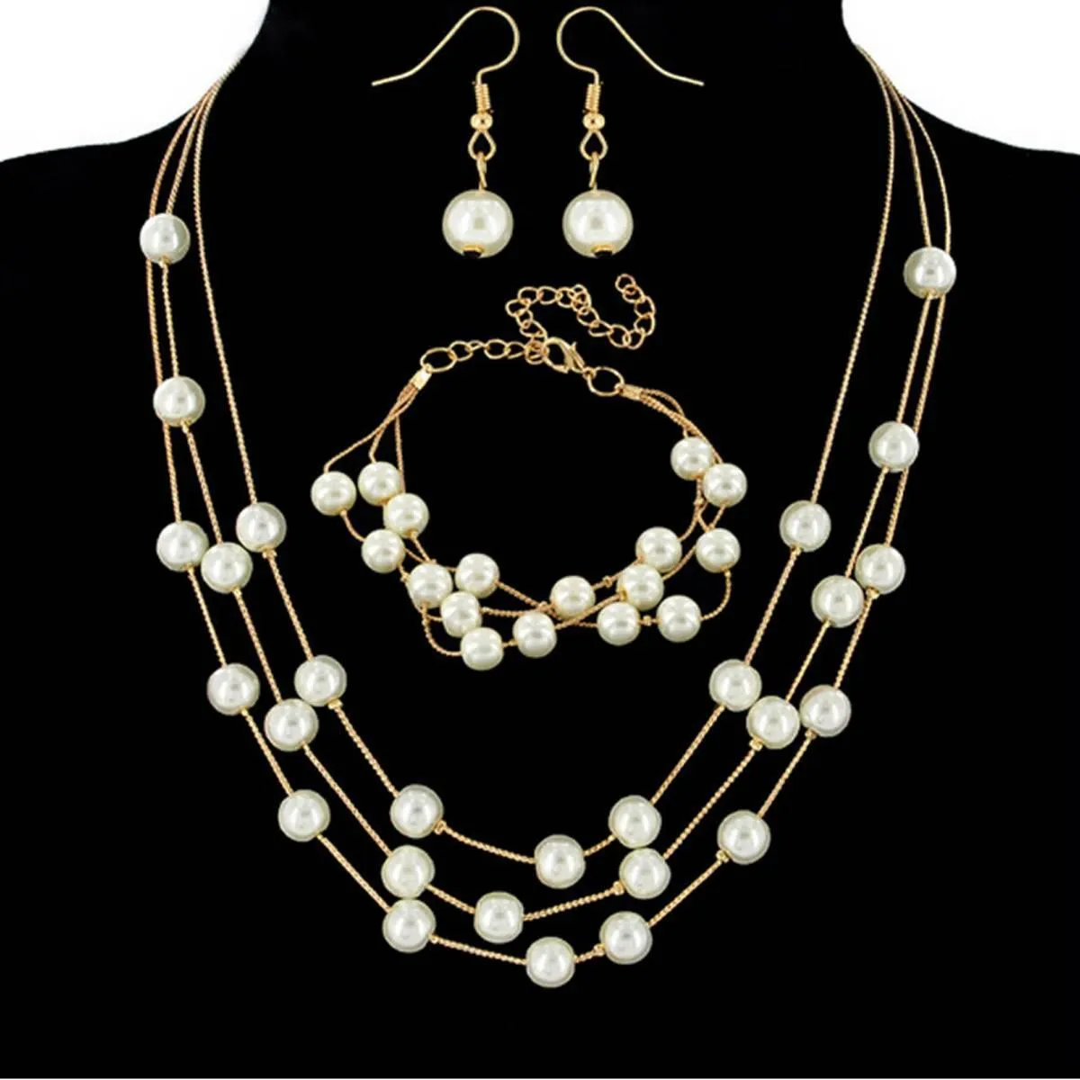 Fashion Creative Diamond Full Diamond Round Watch Pearl Bracelet Earring Necklace