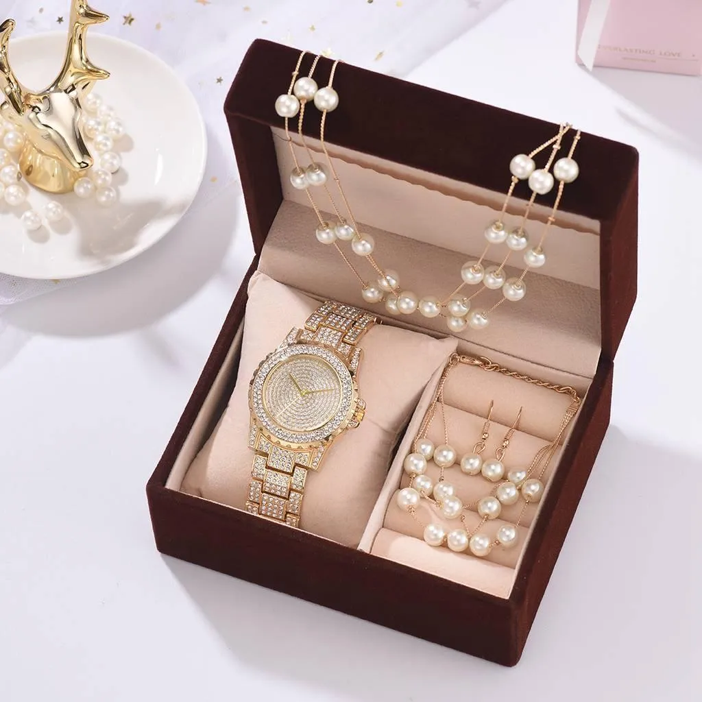 Fashion Creative Diamond Full Diamond Round Watch Pearl Bracelet Earring Necklace