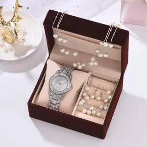 Fashion Creative Diamond Full Diamond Round Watch Pearl Bracelet Earring Necklace 