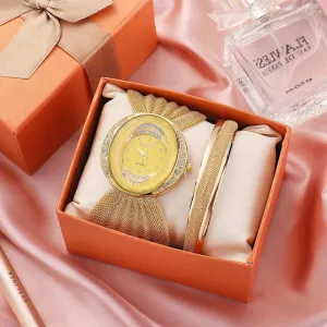 Flower Oval Broadband Gold Silver Mesh Strap Watch 