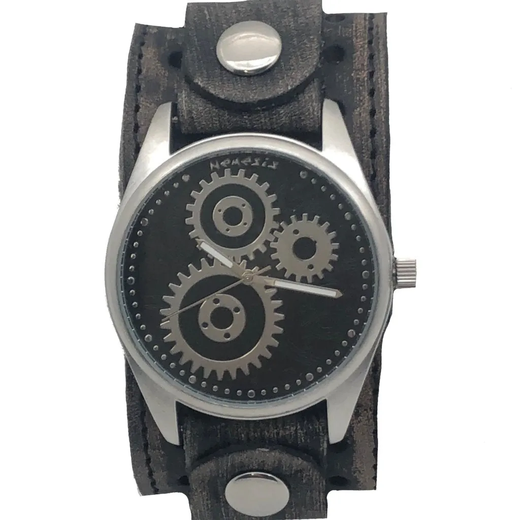 Geared Black Watch with Stitched Perforated Distressed Black Leather Cuff VBS112K 